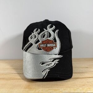 Harley Davidson Hat Mens OSFM Cap Black Silver Flame Embroidered Strap back Y2K